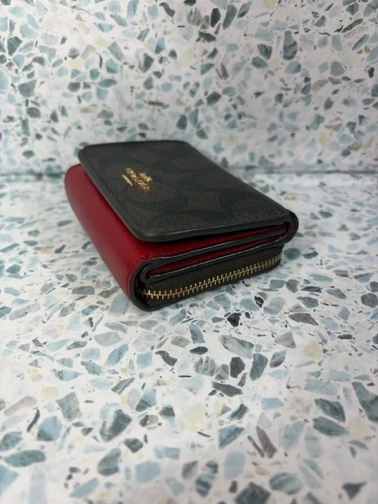 Coach Medium Corner Zip Wallet Signature Canvas Brown Black Red F54023 - Picture 1 of 7